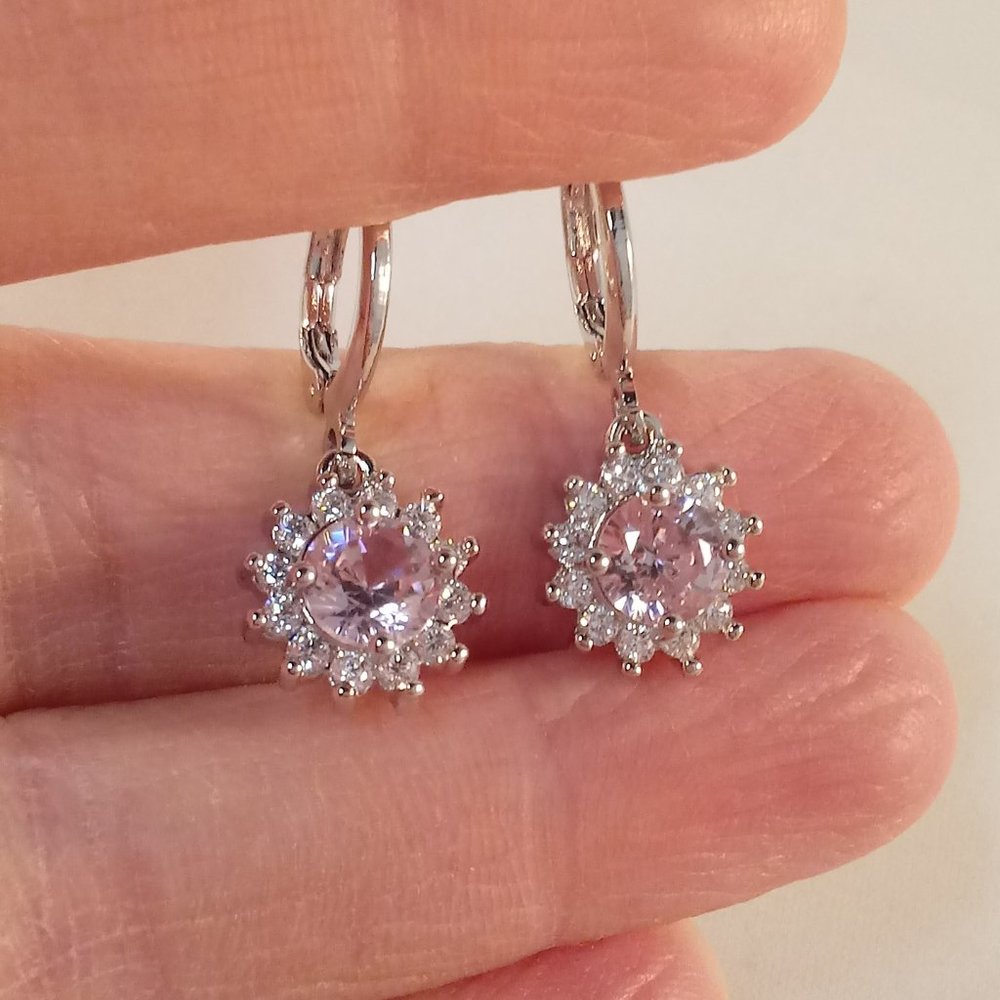 18K White Gold Filled Flower Pink Diamond Zircon Dangle Earrings .84ctw Gorgeous